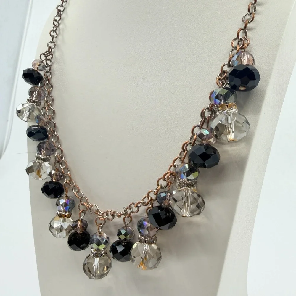 Vintage Silver Tone Black Clear Crystal Dangle Necklace Bib Fringe Statement 90s